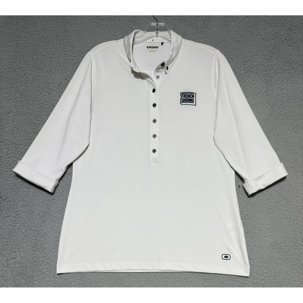 OGIO Gauge 3/4 Cuffed Sleeve White Polo Womens Large Trench Shoring Logo